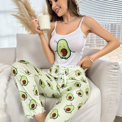 Women's Scoop Neck Graphic Print Lounge Set, Lettuce Trim Cami Top & Pants, Loungewear & Sleepwear.