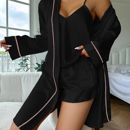 Luxurious Satin Pajama Set - Cozy Long Sleeve Robe with Belt, V-Neck Cami Top & Shorts - Womens Effortless Sleepwear and Lounging Elegance.